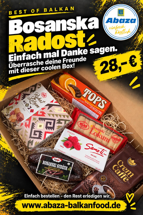 Bosanska Radost Classic Geschenkbox mit Sudžuk, Crem Caffè, Samo Ti Schokolade, Rahat Lokum, Bosanski Lokum und Tops