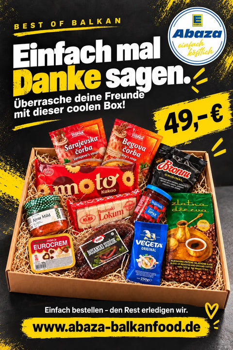 Danke-Box Best of Balkan mit Sudžuk, Ajvar, Vegeta, Bosanska Kafa, Lokum, Eurocrem und weiteren Balkan-Spezialitäten